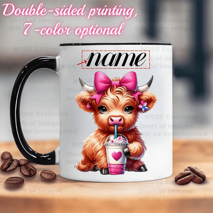 Personalized "Scottish Highland Cow Drinking Iced Coffee" Ceramic Coffee Mug – Custom Name Pink Bow, Cute Farm Animal & Cafe Novelty Cup (M1172)