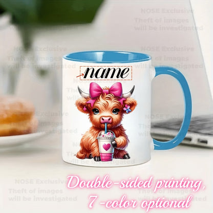 Personalized "Scottish Highland Cow Drinking Iced Coffee" Ceramic Coffee Mug – Custom Name Pink Bow, Cute Farm Animal & Cafe Novelty Cup (M1172)
