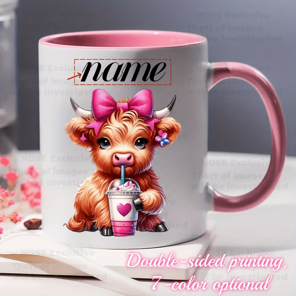 Personalized "Scottish Highland Cow Drinking Iced Coffee" Ceramic Coffee Mug – Custom Name Pink Bow, Cute Farm Animal & Cafe Novelty Cup (M1172)