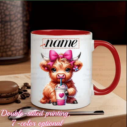Personalized "Scottish Highland Cow Drinking Iced Coffee" Ceramic Coffee Mug – Custom Name Pink Bow, Cute Farm Animal & Cafe Novelty Cup (M1172)