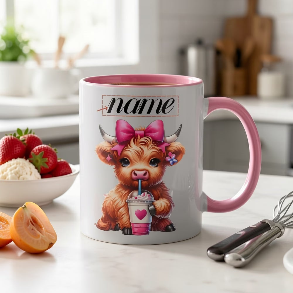 Personalized "Scottish Highland Cow Drinking Iced Coffee" Ceramic Coffee Mug – Custom Name Pink Bow, Cute Farm Animal & Cafe Novelty Cup (M1172)
