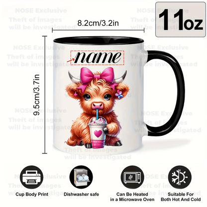 Personalized "Scottish Highland Cow Drinking Iced Coffee" Ceramic Coffee Mug – Custom Name Pink Bow, Cute Farm Animal & Cafe Novelty Cup (M1172)