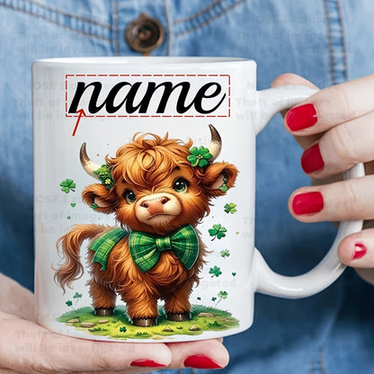 Personalized "Scottish Highland Cow with Shamrock Bow" Ceramic Coffee Mug – Custom Name St. Patrick's Day, Cute Farm Animal & Irish Novelty Cup (M1165)