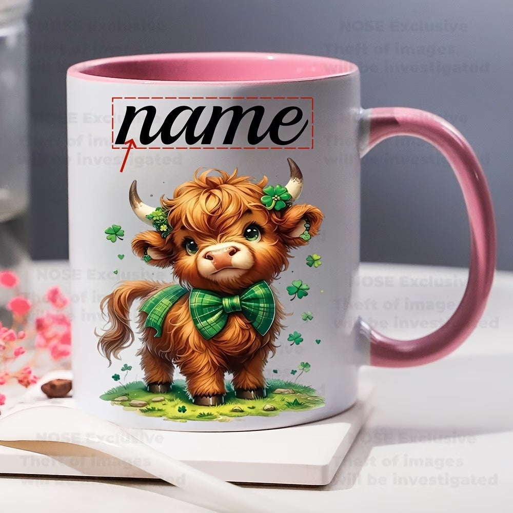 Personalized "Scottish Highland Cow with Shamrock Bow" Ceramic Coffee Mug – Custom Name St. Patrick's Day, Cute Farm Animal & Irish Novelty Cup (M1165)