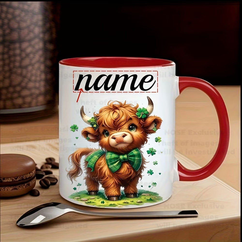Personalized "Scottish Highland Cow with Shamrock Bow" Ceramic Coffee Mug – Custom Name St. Patrick's Day, Cute Farm Animal & Irish Novelty Cup (M1165)