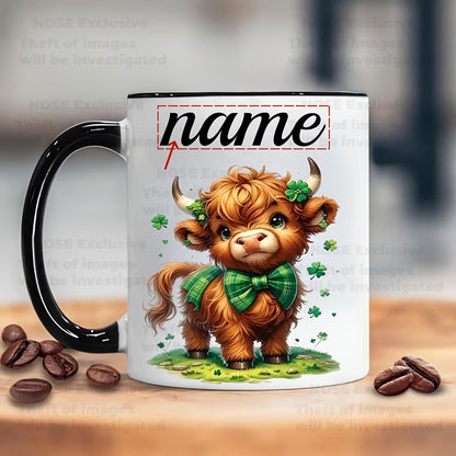 Personalized "Scottish Highland Cow with Shamrock Bow" Ceramic Coffee Mug – Custom Name St. Patrick's Day, Cute Farm Animal & Irish Novelty Cup (M1165)