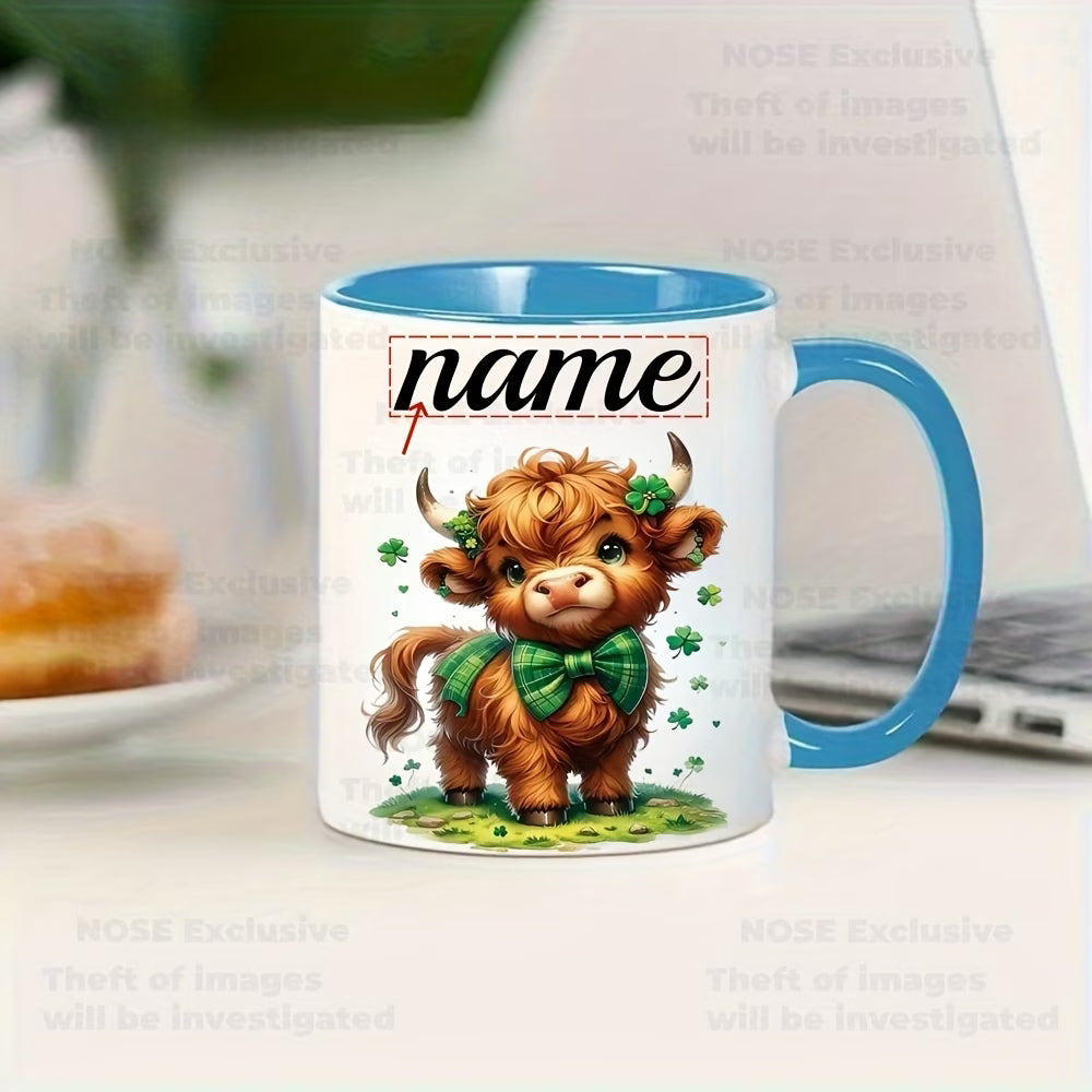 Personalized "Scottish Highland Cow with Shamrock Bow" Ceramic Coffee Mug – Custom Name St. Patrick's Day, Cute Farm Animal & Irish Novelty Cup (M1165)