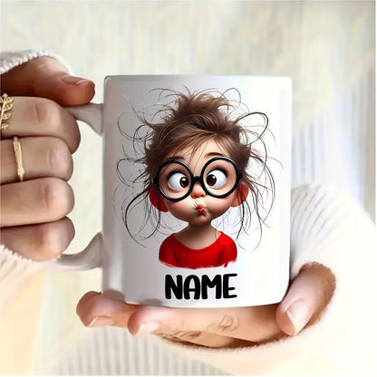 Personalized "Silly Messy Hair Girl with Round Glasses" Ceramic Coffee Mug – Custom Name Funny Cartoon Character & Quirky Novelty Cup (M1171)
