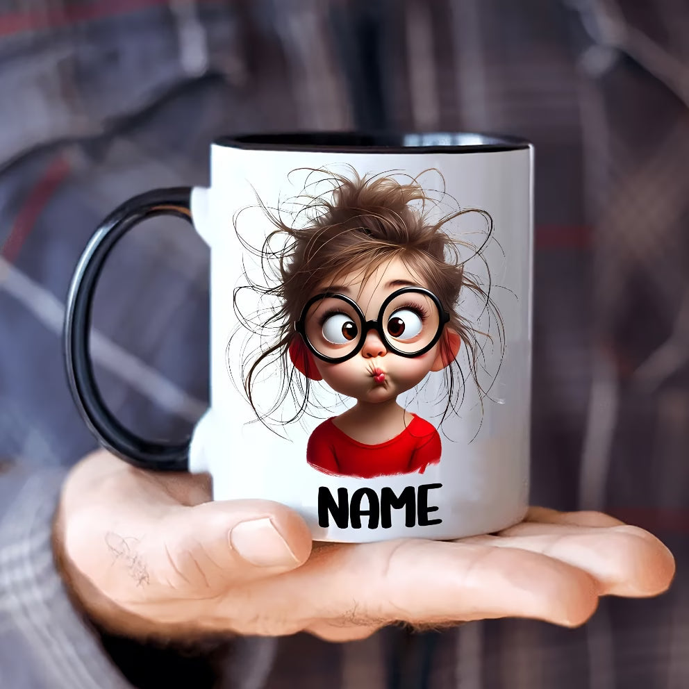 Personalized "Silly Messy Hair Girl with Round Glasses" Ceramic Coffee Mug – Custom Name Funny Cartoon Character & Quirky Novelty Cup (M1171)