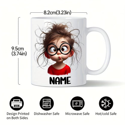 Personalized "Silly Messy Hair Girl with Round Glasses" Ceramic Coffee Mug – Custom Name Funny Cartoon Character & Quirky Novelty Cup (M1171)