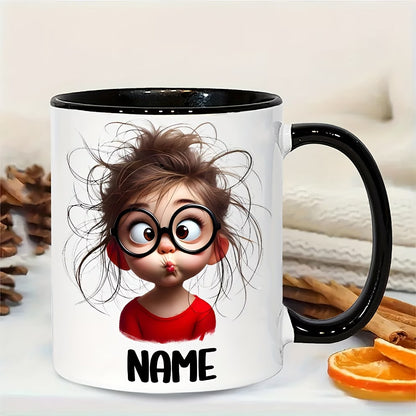 Personalized "Silly Messy Hair Girl with Round Glasses" Ceramic Coffee Mug – Custom Name Funny Cartoon Character & Quirky Novelty Cup (M1171)