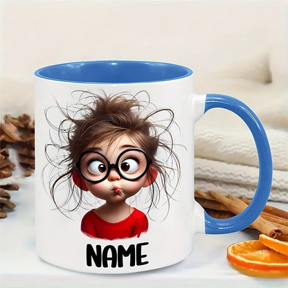 Personalized "Silly Messy Hair Girl with Round Glasses" Ceramic Coffee Mug – Custom Name Funny Cartoon Character & Quirky Novelty Cup (M1171)