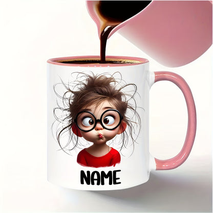 Personalized "Silly Messy Hair Girl with Round Glasses" Ceramic Coffee Mug – Custom Name Funny Cartoon Character & Quirky Novelty Cup (M1171)