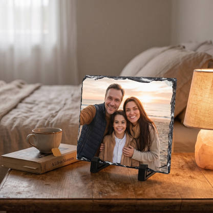 Custom Earth-Cut Slate Plaque, Chiseled Natural Rock Edge Portrait Plinth for Memories & Photos