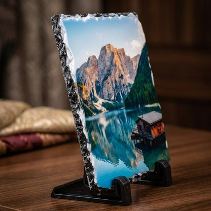 Custom Earth-Cut Slate Plaque, Chiseled Natural Rock Edge Portrait Plinth for Memories & Photos