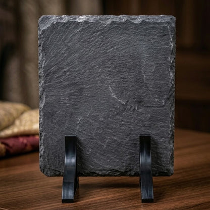 Custom Earth-Cut Slate Plaque, Chiseled Natural Rock Edge Portrait Plinth for Memories & Photos