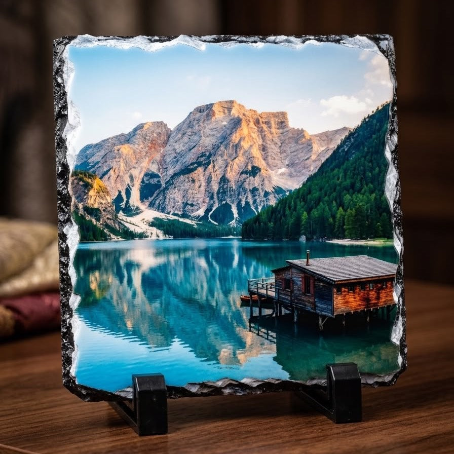 Custom Earth-Cut Slate Plaque, Chiseled Natural Rock Edge Portrait Plinth for Memories & Photos