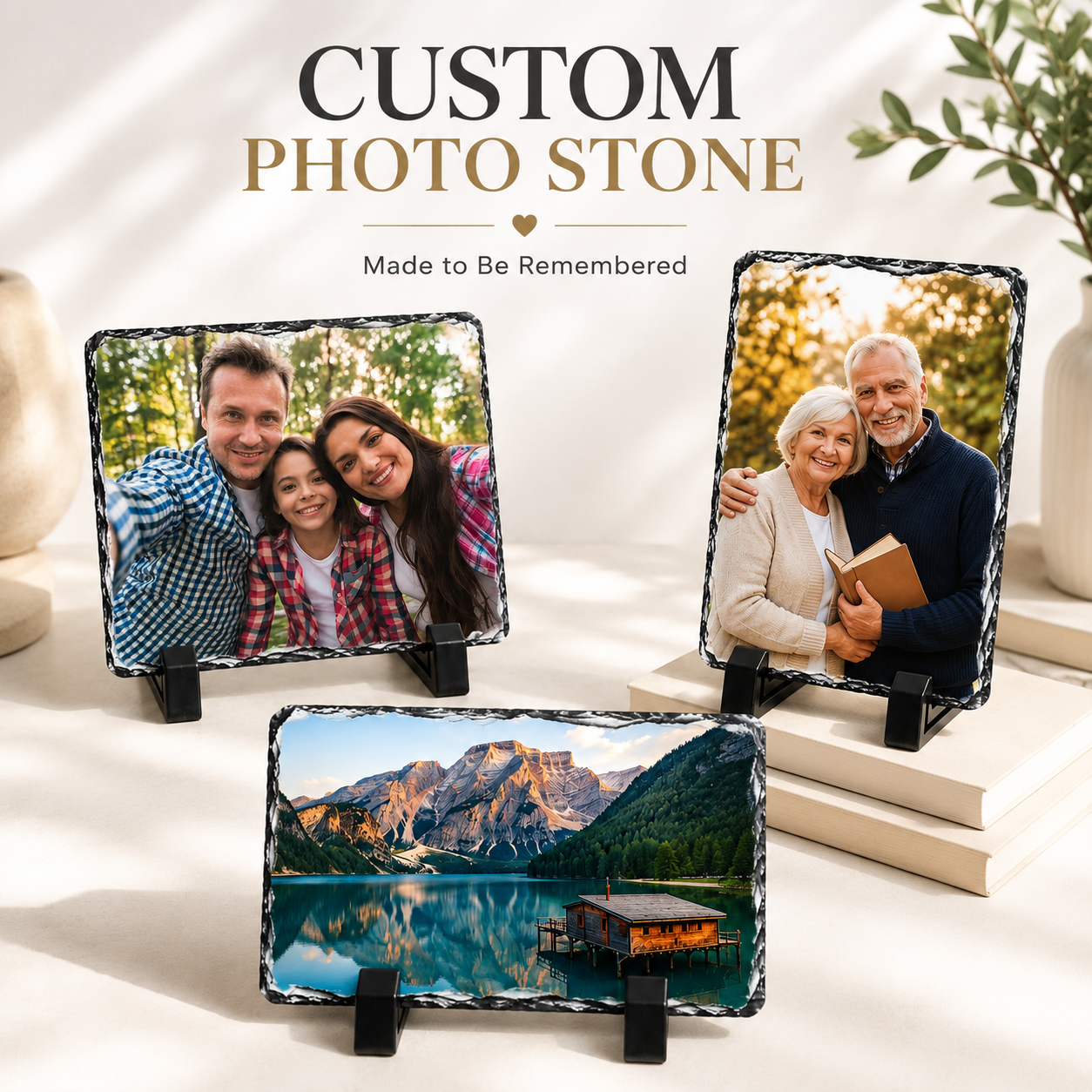 Custom Earth-Cut Slate Plaque, Chiseled Natural Rock Edge Portrait Plinth for Memories & Photos