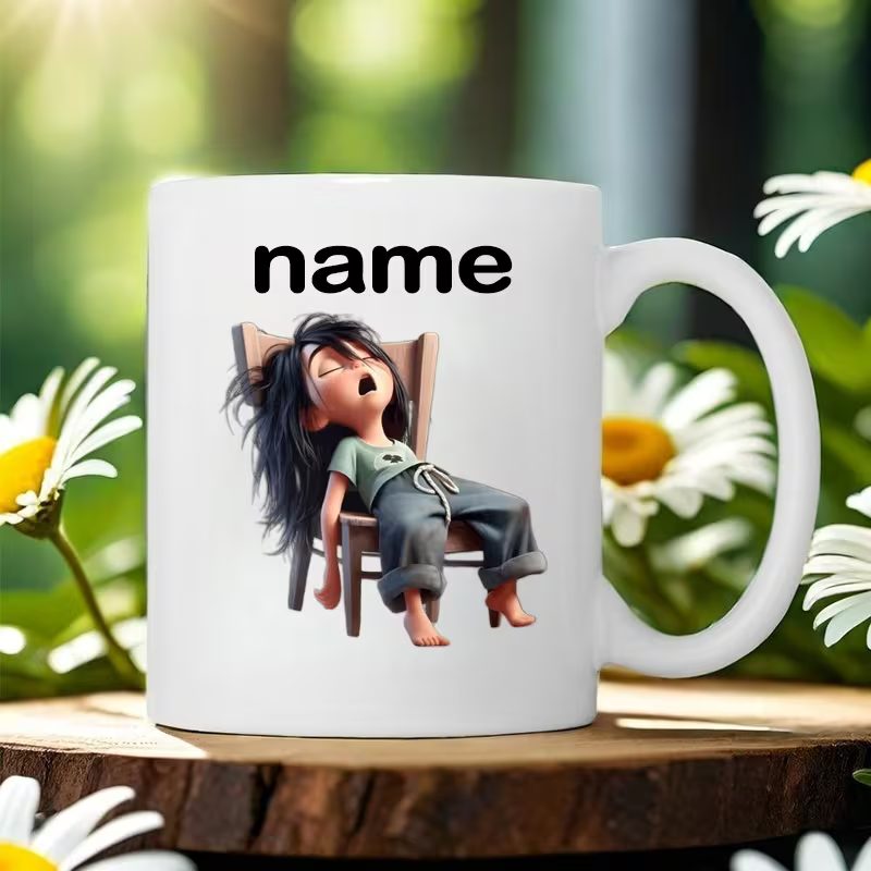 Personalized "Exhausted Sleepy" Cartoon Ceramic Coffee Mug – Custom Name Tired Girl & Relatable Humor Novelty Cup (M1120)