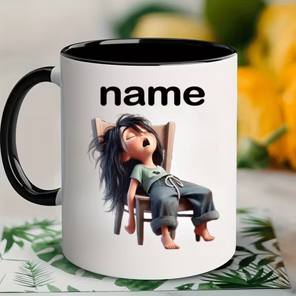 Personalized "Exhausted Sleepy" Cartoon Ceramic Coffee Mug – Custom Name Tired Girl & Relatable Humor Novelty Cup (M1120)
