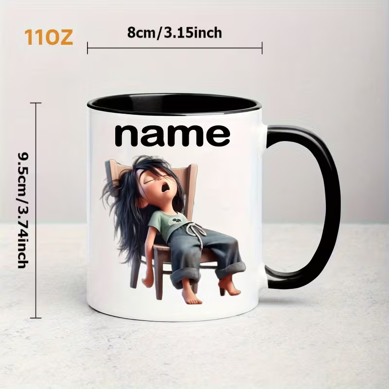 Personalized "Exhausted Sleepy" Cartoon Ceramic Coffee Mug – Custom Name Tired Girl & Relatable Humor Novelty Cup (M1120)