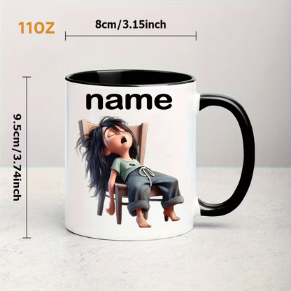 Personalized "Exhausted Sleepy" Cartoon Ceramic Coffee Mug – Custom Name Tired Girl & Relatable Humor Novelty Cup (M1120)