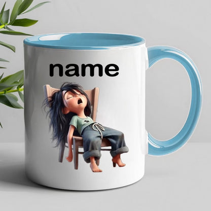 Personalized "Exhausted Sleepy" Cartoon Ceramic Coffee Mug – Custom Name Tired Girl & Relatable Humor Novelty Cup (M1120)