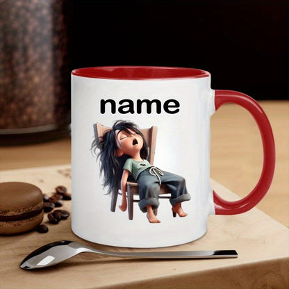 Personalized "Exhausted Sleepy" Cartoon Ceramic Coffee Mug – Custom Name Tired Girl & Relatable Humor Novelty Cup (M1120)