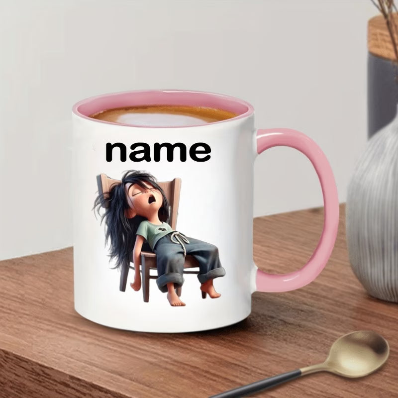 Personalized "Exhausted Sleepy" Cartoon Ceramic Coffee Mug – Custom Name Tired Girl & Relatable Humor Novelty Cup (M1120)