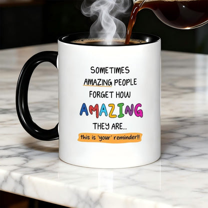 Personalized "Sometimes Amazing People Forget" Ceramic Coffee Mug – Inspirational Quote, Colorful Typography & Uplifting Novelty Cup (M1181)