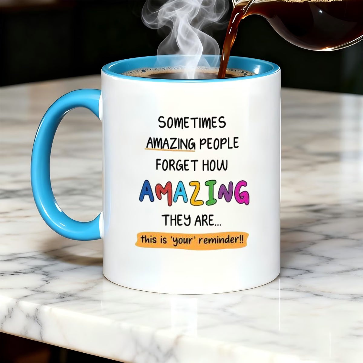 Personalized "Sometimes Amazing People Forget" Ceramic Coffee Mug – Inspirational Quote, Colorful Typography & Uplifting Novelty Cup (M1181)