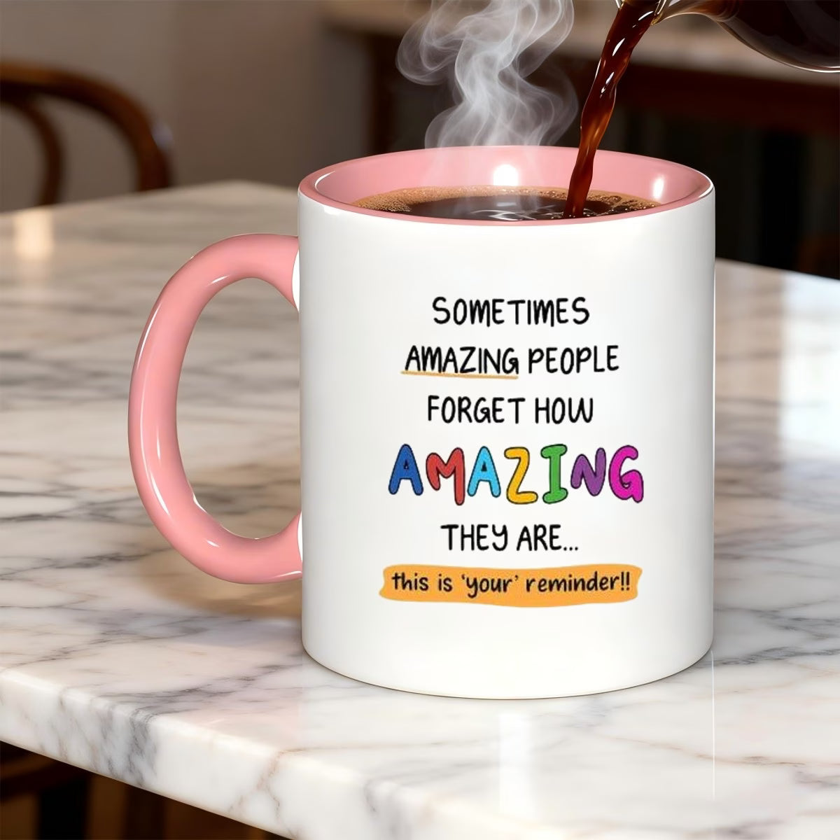 Personalized "Sometimes Amazing People Forget" Ceramic Coffee Mug – Inspirational Quote, Colorful Typography & Uplifting Novelty Cup (M1181)
