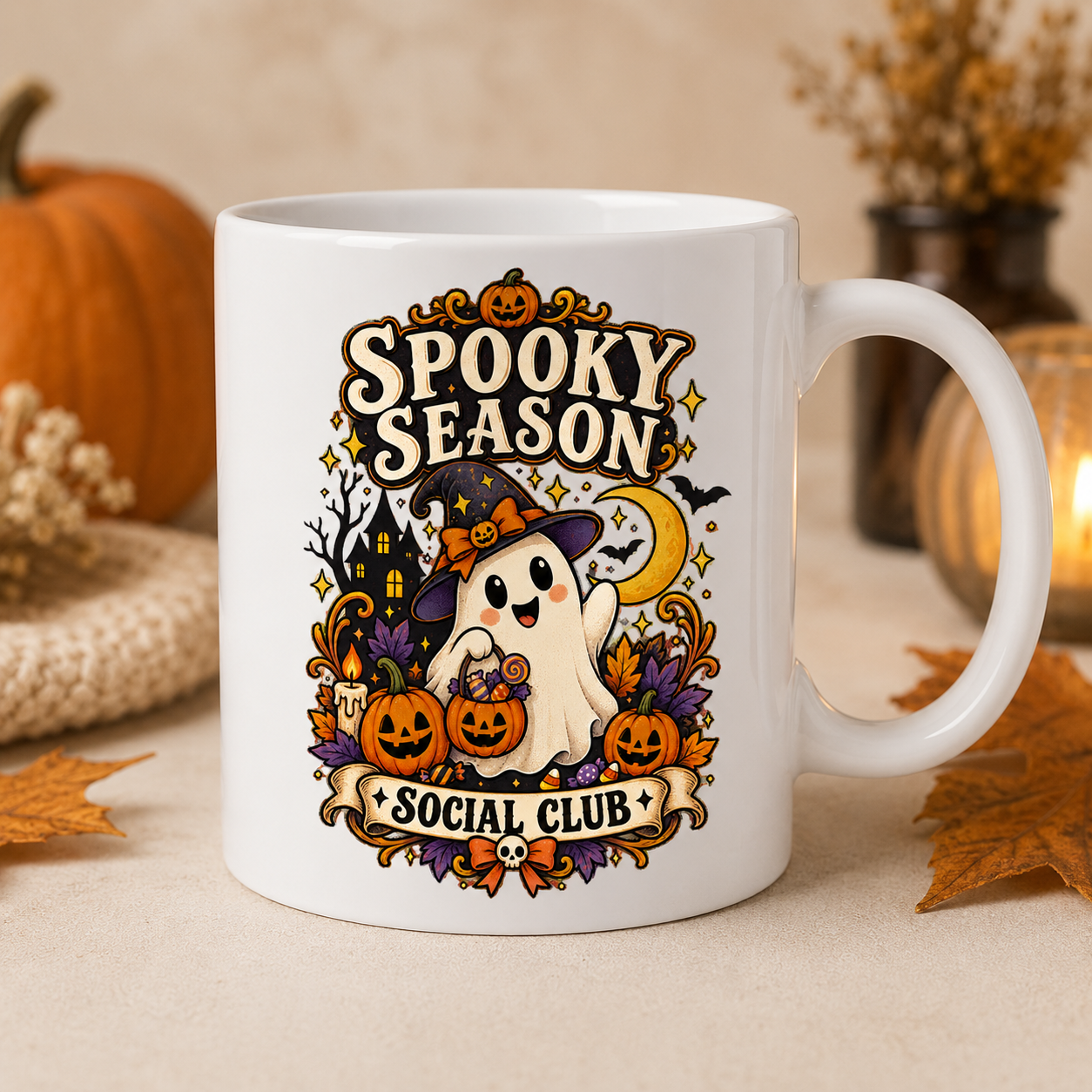 "Spooky Season Social Club" Cute Ghost Halloween Ceramic Coffee Mug (M1026)