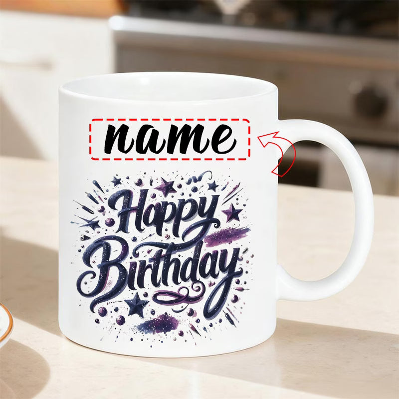 Personalized "Starry Night Happy Birthday" Ceramic Coffee Mug – Custom Name Elegant Purple Script, Stars & Festive Novelty Cup (M1183)
