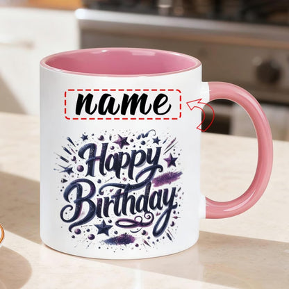 Personalized "Starry Night Happy Birthday" Ceramic Coffee Mug – Custom Name Elegant Purple Script, Stars & Festive Novelty Cup (M1183)