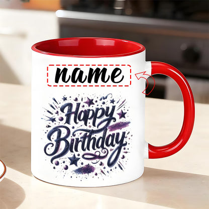 Personalized "Starry Night Happy Birthday" Ceramic Coffee Mug – Custom Name Elegant Purple Script, Stars & Festive Novelty Cup (M1183)