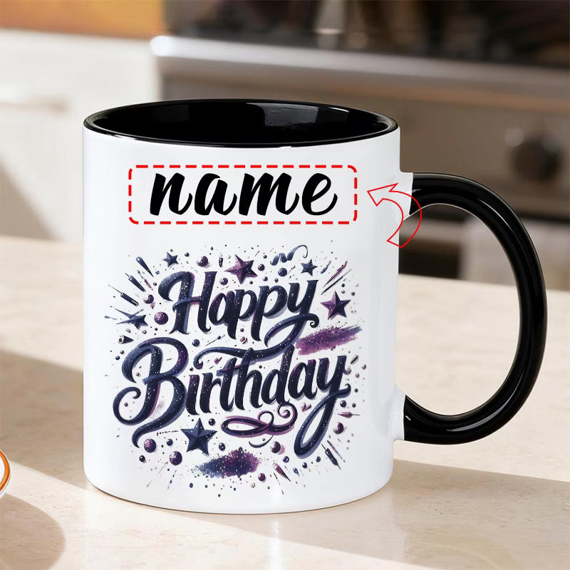 Personalized "Starry Night Happy Birthday" Ceramic Coffee Mug – Custom Name Elegant Purple Script, Stars & Festive Novelty Cup (M1183)