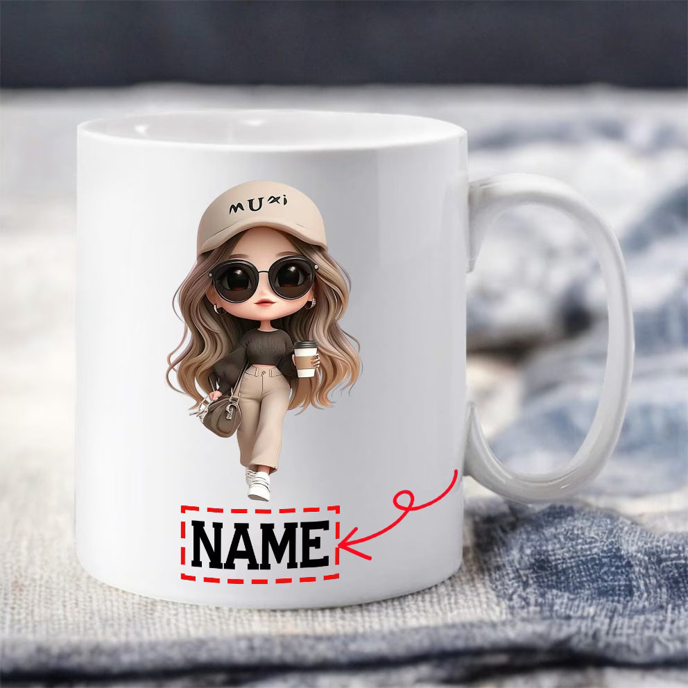 Personalized "Stylish Fashion Girl with Coffee" Ceramic Coffee Mug – Custom Name Trendy Chibi Woman, Cap & Coffee Lover Novelty Cup (M1177)