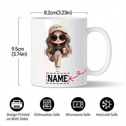 Personalized "Stylish Fashion Girl with Coffee" Ceramic Coffee Mug – Custom Name Trendy Chibi Woman, Cap & Coffee Lover Novelty Cup (M1177)