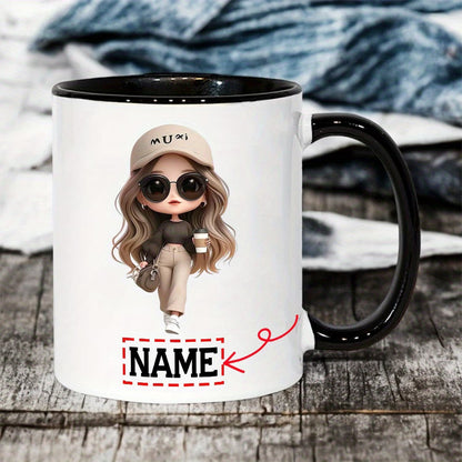 Personalized "Stylish Fashion Girl with Coffee" Ceramic Coffee Mug – Custom Name Trendy Chibi Woman, Cap & Coffee Lover Novelty Cup (M1177)
