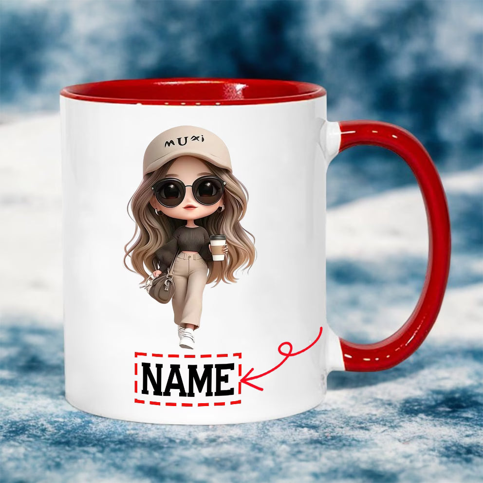 Personalized "Stylish Fashion Girl with Coffee" Ceramic Coffee Mug – Custom Name Trendy Chibi Woman, Cap & Coffee Lover Novelty Cup (M1177)