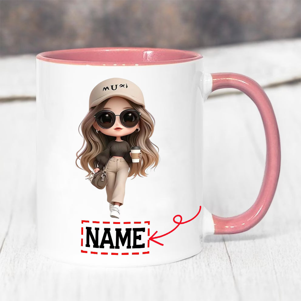 Personalized "Stylish Fashion Girl with Coffee" Ceramic Coffee Mug – Custom Name Trendy Chibi Woman, Cap & Coffee Lover Novelty Cup (M1177)
