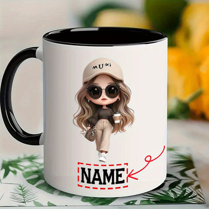 Personalized "Stylish Fashion Girl with Coffee" Ceramic Coffee Mug – Custom Name Trendy Chibi Woman, Cap & Coffee Lover Novelty Cup (M1177)