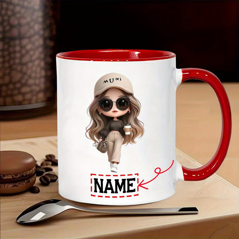 Personalized "Stylish Fashion Girl with Coffee" Ceramic Coffee Mug – Custom Name Trendy Chibi Woman, Cap & Coffee Lover Novelty Cup (M1177)