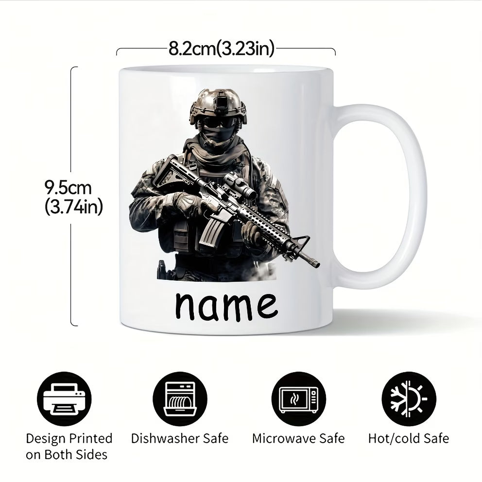 Personalized "Tactical Soldier & Rifle" Ceramic Coffee Mug – Custom Name Military, Special Forces & Operator Novelty Cup (M1173)