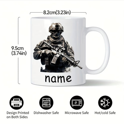 Personalized "Tactical Soldier & Rifle" Ceramic Coffee Mug – Custom Name Military, Special Forces & Operator Novelty Cup (M1173)