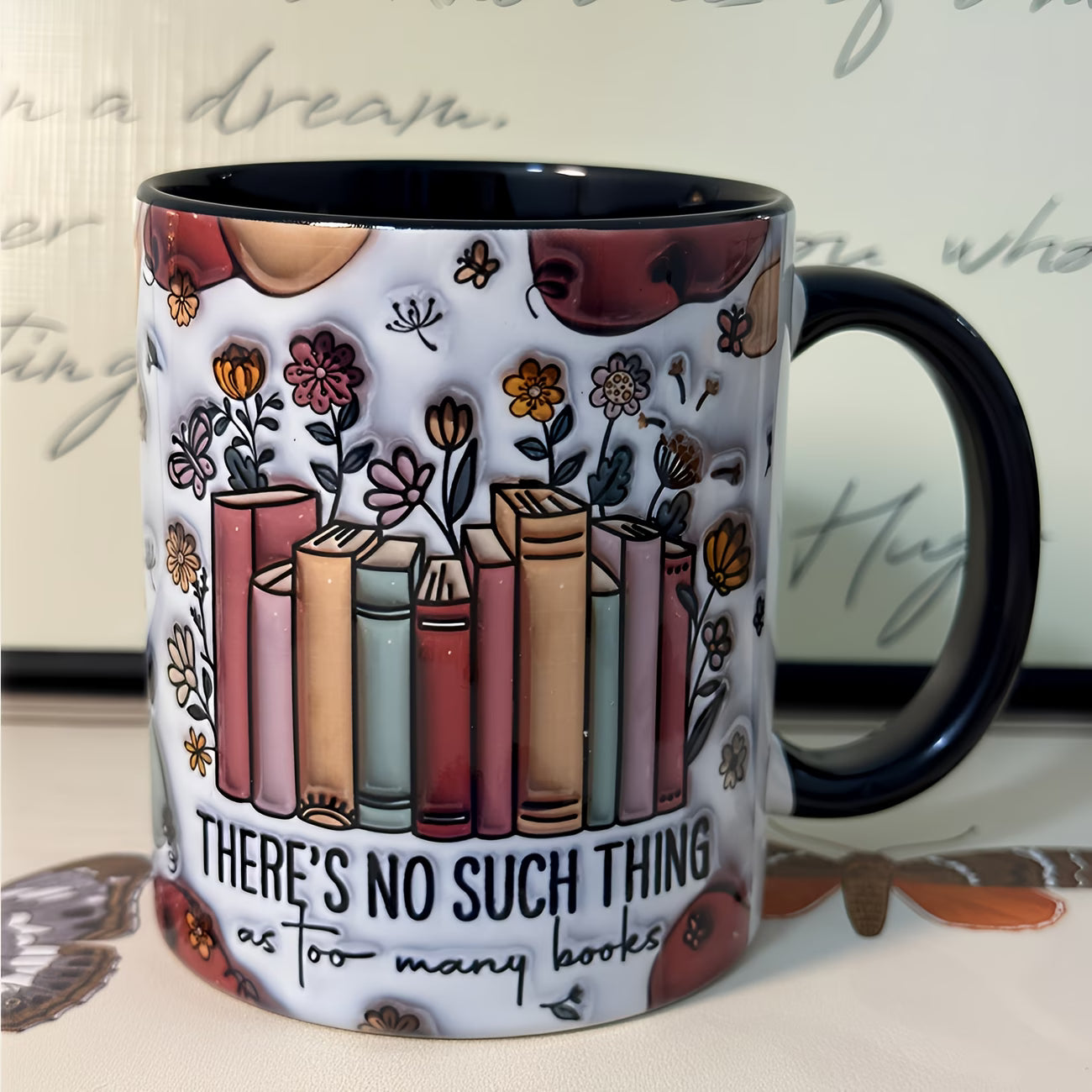 Personalized "There's No Such Thing As Too Many Books" Ceramic Coffee Mug – Black Rim & Handle, Book Lover Quote, Floral Books & Reader Novelty Cup (M1195)