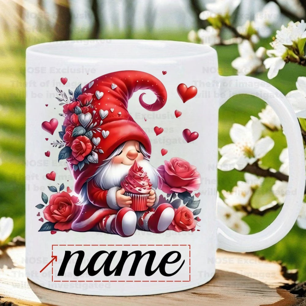 Personalized "Valentine Gnome with Cupcake & Roses" Ceramic Coffee Mug – Custom Name Romantic Gnome, Love & Sweet Treats Novelty Cup (M1155)