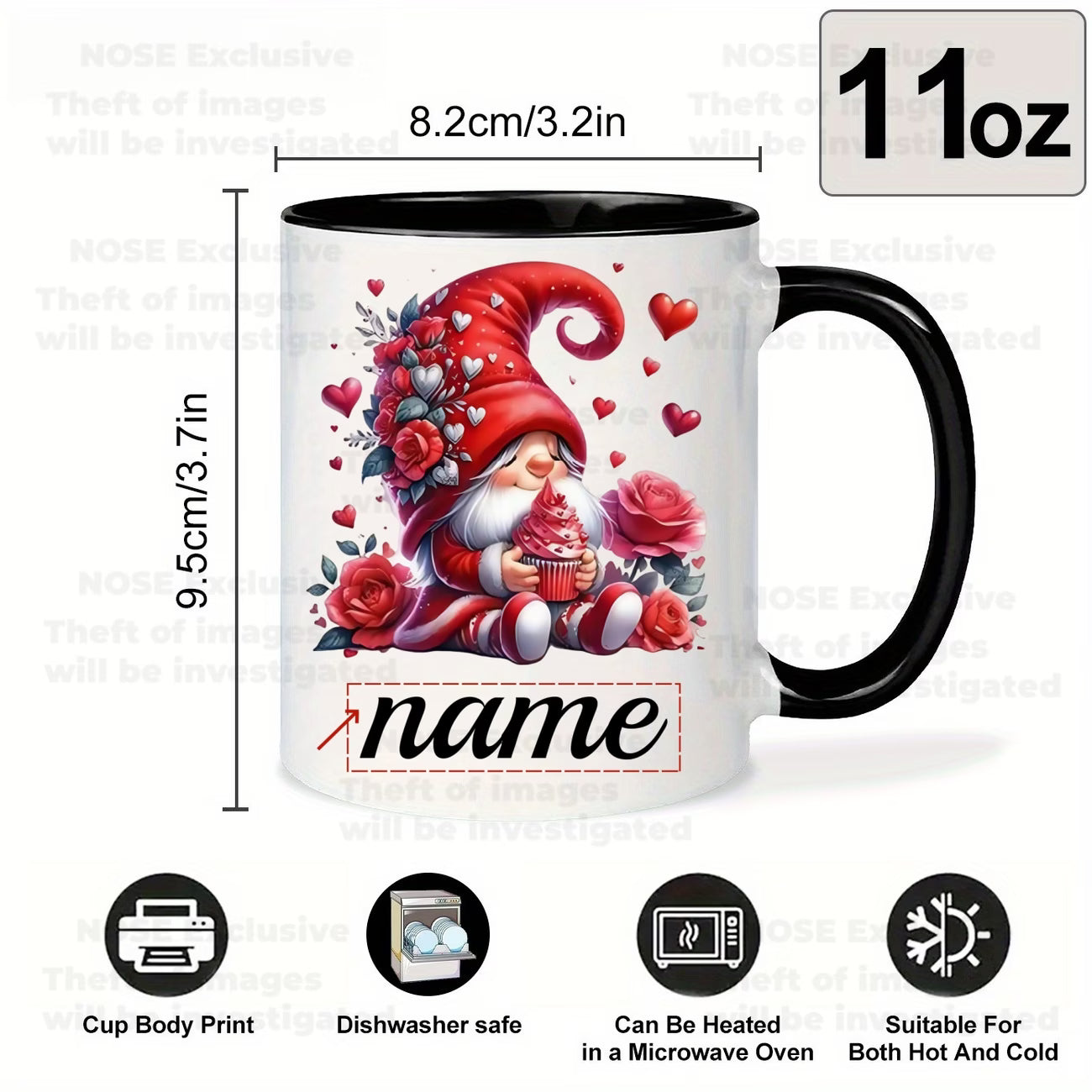 Personalized "Valentine Gnome with Cupcake & Roses" Ceramic Coffee Mug – Custom Name Romantic Gnome, Love & Sweet Treats Novelty Cup (M1155)