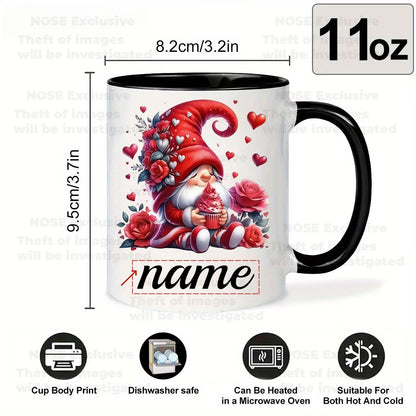 Personalized "Valentine Gnome with Cupcake & Roses" Ceramic Coffee Mug – Custom Name Romantic Gnome, Love & Sweet Treats Novelty Cup (M1155)